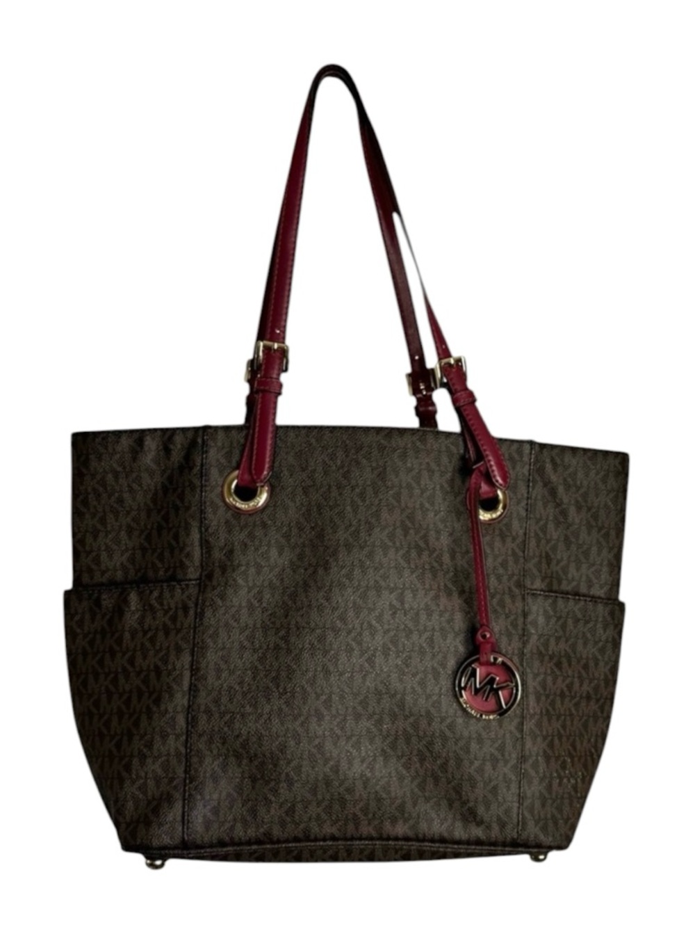 Michael Kors Monogram Signature Jet Set Brown and Burgundy Tote Bag